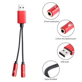 QIANRENON USB 2.0 to Dual 3.5mm Headset Adapter, 2 and 1 External Stereo USB Audio Adapter USB Male to 3.5mm Female Sound Card Jack Cable for Copmuter, Laptop, PSP (Red)