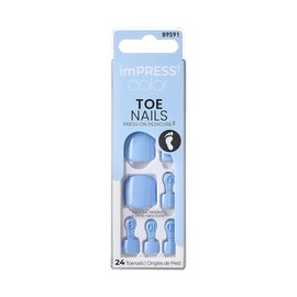 KISS imPRESS No Glue Pedi Press-On Toenails, Light Blue, Sky Blue, Squoval Shape, Includes 24 Nails, Prep Pad, 1 Manicure Stick, 1 Mini File