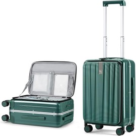 Hanke 20 Inch Carry On Luggage Aluminum Frame Front Opening Rolling Suitcase PC Hard Sided Luggage with Spinner Wheels Travel Luggage for Woman Men Gifts.(Dark Green)