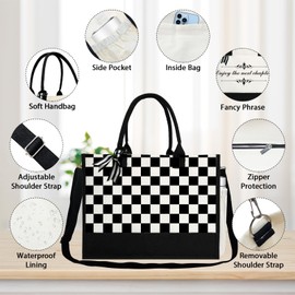 JOJHDR Phrase Canvas Beach Bag,Zipper and Slide Pockets,Bag Shoulder Strap and Bottom Support,Bridesmaids Gift,Casual Business Briefcase,Perfect Gifts for Birthday and Teacher （Checkerboard）
