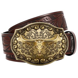 JasGood Western Leather Cowboy Belt for Men Women Longhorn Buckle Cowgirl Belt Floral Engraved Embossed Vintage Unisex Belt for Jeans, dark brown