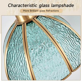 Vintage Bedside Wall Lamp with Dimmable Switch, Brass Industrial Gooseneck Wall Sconce with Plug in Cord, Semicircular Sea Blue Stained Glass Shade Wall Light Perfect for Bedroom, Living Room, Hotel