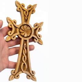 HandCraftoria Handmade wooden Wall cross with eternity sign from apricot wood, armenian cross biege