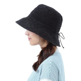 Drection TGM-0168-0169 Raffia Straw Hat, Women's, Sun Protection, UV Protection, Cool and Airy Raffia Hat, Sunshade, Sun Protection Hat, Black Brim: 3.1 inches (8 cm), 58 cm