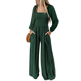 Dokotoo Womens Overalls Green Jumpsuits for Women Casual Loose Fit Solid Color Wide Leg One Piece Long Sleeve Jumpsuit Long Pant Rompers with Pockets Medium