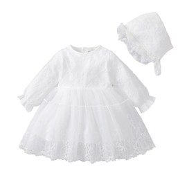 TENTIDE Newborn Baby Girl Christening Dress White Baptism Lace Long Sleeve Fall Wedding Dresses with Bonnet Outfit(White-Butterfly, 18-24 Months)