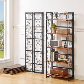 VECELO 2 Set Folding Bookshelf 5-Tier,Industrial Metal Frame & Wood Shelves,Foldable Bookcase No Assembly Free Standing Storage Organizer for Living Room,Office,Bedroom