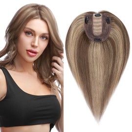 S-noilite Human Hair Toppers for Thinning Hair Women Real Hair Topper Hair Piece Clip in Toupee 100% Remy Real Human Hair 50g（#4P27-1 Medium Green Brown/Blonde, 16 Inch）