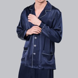 COLD POSH Men's Silk Long Pajamas Set for Men 2 Piece Sleepwear Lightweight Luxury Real Mulberry Silk Pajamas,Navy,M