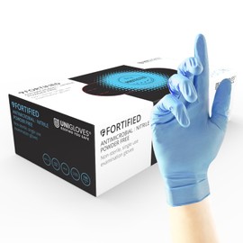 Unigloves Fortified Blue GF0012 Antimicrobial Nitrile Examination - Multipurpose, Powder Free and Latex Free Disposable Gloves, Box of 100 Gloves, Blue, Small