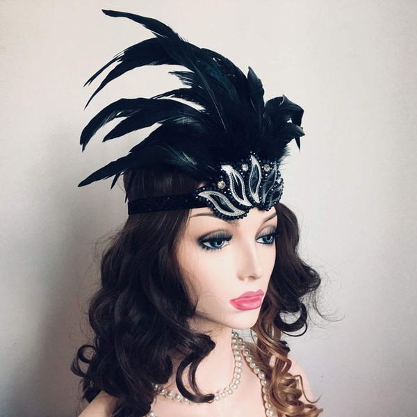 Asooll 20s Feather Headband Vintage Black Crystal Headpiece Flapper Great Gatsby Headdress Prom Head Accessories for Women