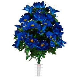 Sympathy Silks Artificial Cemetery Flowers - Gravesite Flowers - Royal Blue Lilies and Daisies