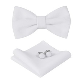 HOULIFE Men's Bow Tie Set - Adjustable Velvet Bow Tie, Pre-Tied Bow Tie, Plain Pocket Square, Cufflinks Set for Groom Wedding Formal with Gift Box, White