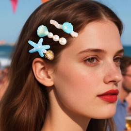 HEREAD Sea shell Hair Clips Starfish Blue Hair Barrettes Pearl Gold Hair Accessories for Women and Girls (Pack of 3) (Blue)