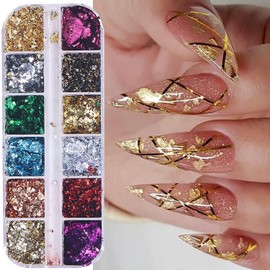 12 Colors Holographic Nail Glitter Gold Foil, Colorful Sparkly Ultra-Thin Aluminum Foil Flakes Design, Laser Nail Sequins Powder Nail Glitters Irregular Foils Nail Tip Manicure Charms Decor for Women
