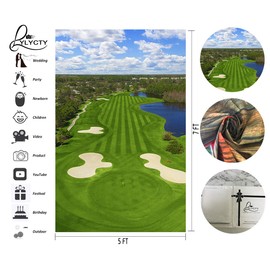 LYLYCTY 5x7ft Golf Course Backdrop Blue Sky White Clouds and Bunker Green Grass Backgrounds for Photography LYZY0798