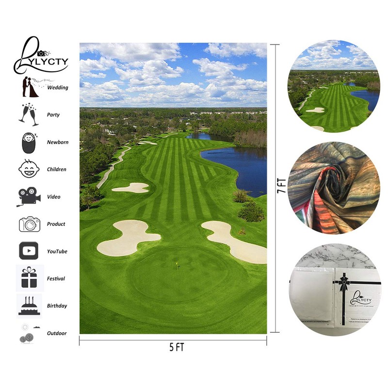 LYLYCTY 5x7ft Golf Course Backdrop Blue Sky White Clouds and