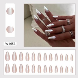 Chrome White Silver Press on Nails - Long Almond False Nails With Reflective Design, Glossy Mirror Effect, Full Cover Acrylic Glue-on Ombre Stick-on for Women
