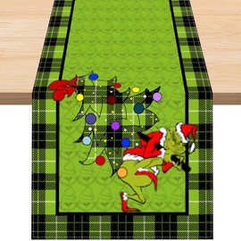 Grinch Table Runner Christmas, Linen Christmas Tablecloth Merry Grinchmas Tablecloth Winter Dining Table Decoration Party Washable Winter Christmas Kitchen Tablecloth Indoor Outdoor Garden