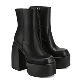 VOMIRA Black Platform Boots for Women - Round Toe Chunky Heel Slide Zipper Solid Black Short Boots