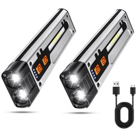 EDC Flashlight Clip-On Light, Rechargeable 1000 Lumens,6 Lighting Modes with LED Side Lights Type-C Rechargeable, Magnetic Flash Lights for Signaling, Work, Outdoor or Indoor Use (2 Pack, Silver)
