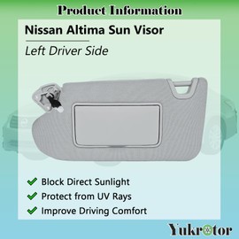 Yukrotor Left Driver Side Sun Visor LH with Mirror Compatible with 2013 2014 2015 2016 2017 2018 Nissan Altima Replaces OE# 96401-3TA2A, Color: Gray (Left Driver Side)