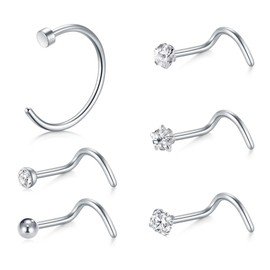LAURITAMI Nose Piercing Spiral Nose Stud L Shaped Screw Set 20G Stainless Steel Nose Ring Nostril Piercing Silver Diamond, Stainless Steel
