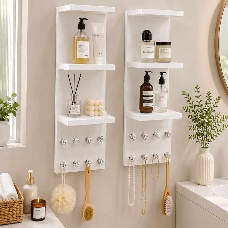 3 Tier White Floating Wall Vanity Shelf with 8 Crystal