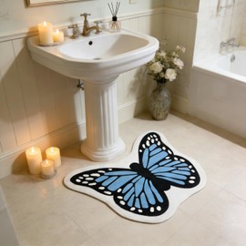 GeoDB Butterfly Shaped Bath Rug 27" x 23" Non-Slip Cute Thin Fluffy Entrance Door Mat, Small Area Accent Indoor Rug for Bathroom Bedroom Garden House, Absorbent Washable Quick Dry, Blue