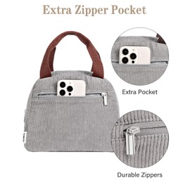Cute Lunch Box Tote Bag - CoolerCorduroy Insulated Bags for Women - Lightweight Reusable Portable Soft Lunch Pail Kit for Kids Teen Girl Adults Work School Picnic Travel Grey 8L