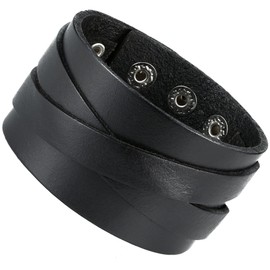 Unique Men's X Genuine Leather Cuff Bangle Bracelet Perfect Statement Piece (adjustable 8.66 inches, 1.6 inches width) (Black)