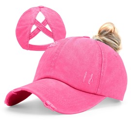 Epsoco Womens Criss Cross Ponytail Baseball Cap Washed Distressed Ponytail Hat Adjustable High Messy Bun Trucker Ponycap for Outdoor Sports Rose Red