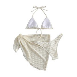 GORGLITTER Women's Bikini Sets Swimwear Set 3 Pieces Swimwear Halterneck Triangle Bikini Top Thongs Cuver Up Bikini with Lacing, Apricot colours