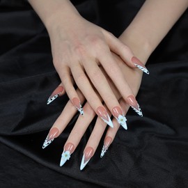 ArtiPrint Press-On Nails French Cream Cow Waterdrop Style, 3D Floral Handcrafted Design, Easy On/Off, Reusable Women's Manicure for Daily Wear, Parties, and Dates(W038, S)