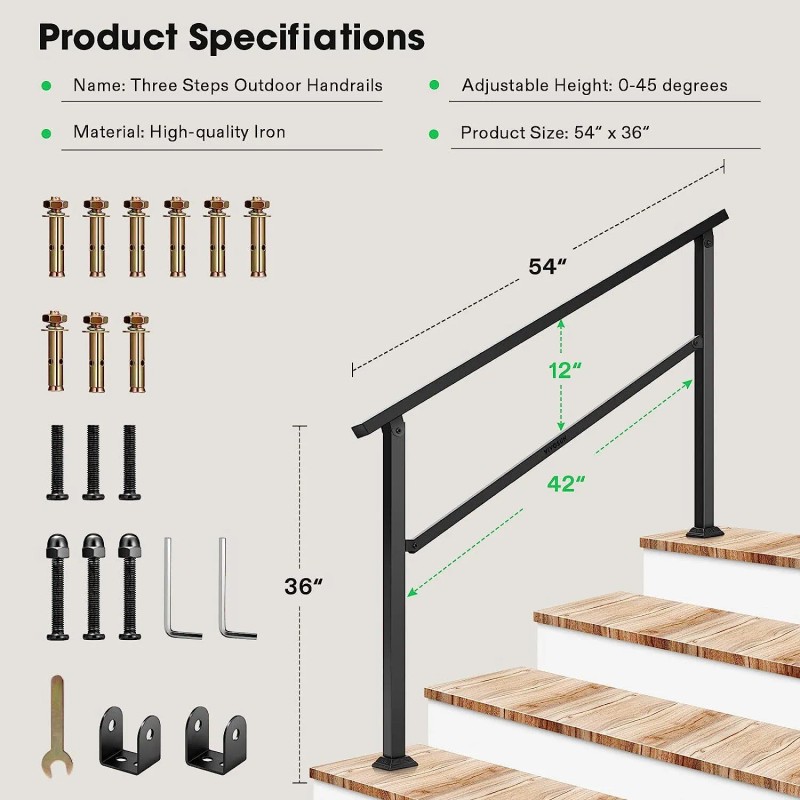 VIVOSUN Iron Outdoor Handrail,3-4 Step Stair Railing, 54"x36" Fits 1