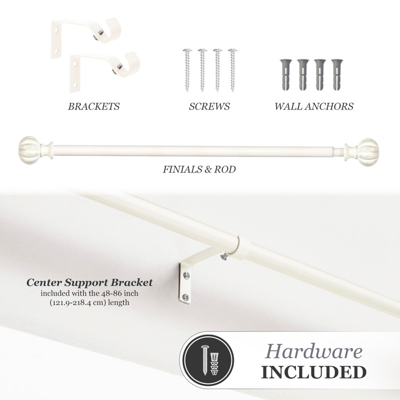 Kenney Rachel Fluted Ball Window Curtain Rod, Adjustable 28-48 Inch,