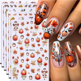 6Pcs Fall Nail Stickers Thanksgiving Pumpkin Nail Decals DIY Self Adhesive Maple Leaves Nail Design Sticker Autumn Nail Decoration Supplies Manicure Accessories for Women Girls