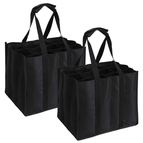 Tebery 2 Set of 12 Bottle Bags, Bottle Bag for 12 x 1.5 Litre Bottles, Carry Bag with Dividers, 26 x 26 x 28 cm, Black