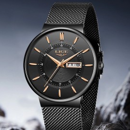 LIGE Men Watches Ultra Thin Wristwatch Steel Black Strap Male Quartz Watch Gifts