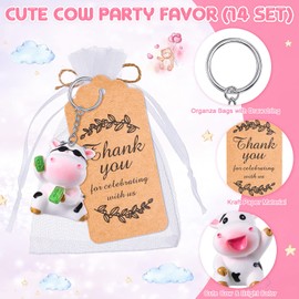 32 Sets Cow Keychains Party Favors for Kids with Organza Bags Thank You Tags Cute Baby Shower Keychain Return Favors Exchange Gifts for Gender Reveal, Classroom Rewards, Cow Themed Party Supplies