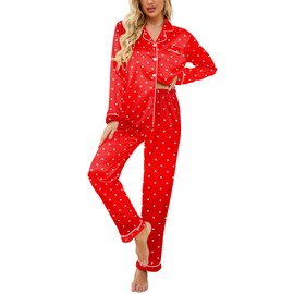 Ekouaer Womens Satin Pajama Set Classic Pattern Silky Pj Sets Button Down Sleepwear Loungewear,Red love heart,Medium