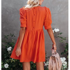 R.Vivimos Summer Dress for Women Cotton Puff Sleeves Boho Casual Loose Babydoll Mini Dress with Pockets (Small, Orange)