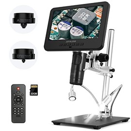 JOYALENS JL246M 3 Lens 7 inch LCD Soldering Digital Microscope, High Work Distance, Mini Boom Arm Vertical Horizontal Adjust, Multifunction Soldering, Coin Microscope, Biological Microscope, 32G Card