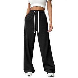 PINSPARK Women's Sweatpants Wide Leg Lounge Pants Elastic High Waist Sweatpant Athletic Sweat Pants with Pocket and Drawstring Black M
