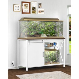 FILKO Aquarium Stand for Fish Tank: 55-75 Gallon Fish Tank Stand with Sliding Door - Heavy Duty Metal Aquarium Table with Power Outlet - 2-Tier Breeder Reptile Terrarium Stand for Home & Office(White)