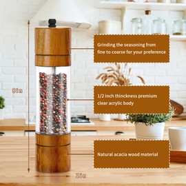 Upgraded Wooden - Acacia Wood Salt Grinder and Pepper Grinder Set Premium Acrylic Salt and Pepper Mill Set, Manual Salt and Pepper Mills- Wooden Shakers with Adjustable Ceramic Core 8 Inches 2 Pack