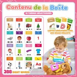 HOMESTEC Toddler Language Learning Toy, Upgraded Realistic Flash Cards, Visual Words with Sounds French Accent, Montessori Learning Set for Preschool Children (Pink)