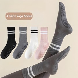 MOBOOY 4 Pairs Non Slip Yoga Grip Socks Women, Anti Slipper Pilates Grippy Socks Ladies Mid-Calf Grip Sock Breathable Cotton Sock for Ballet, Dance, Workout, Fitness, Running