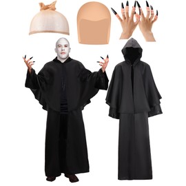 Ramede Disfraz de Mago de Halloween con Capas Negras Calva Redecilla y Uñas Postizas para Cosplay Navideño Masculino(L)