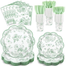 NatNarr 175 Pcs Sage Green Floral Plates and Napkins 25 Guest Scalloped Toile Chinoiserie Party Supplies Includes Floral Plates Napkins Cups Plastic Cutlery for Wedding, Bridal&Baby Shower, Tea Party